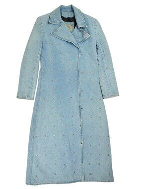 Understated Leather Studded Denim Duster Jacket in Sky Blue
